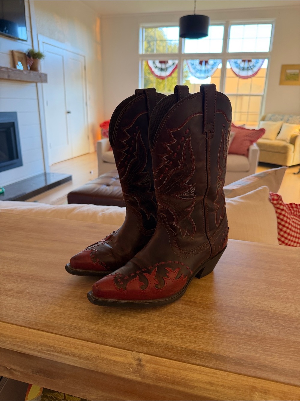 Laredo Brown and Red Leather Snip Toe Cowboy Boots